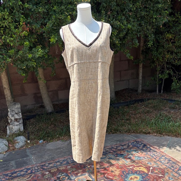 Per Se Size 14 Silk Hemp Neutral V-Neck Midi Dress - Picture 1 of 5
